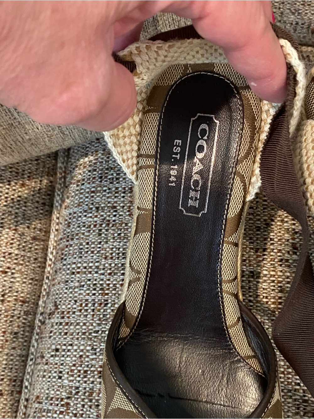 Coach Tan and Brown Signature Canvas Wedge Sandals with Ankle Wrap - Picture 4 of 14